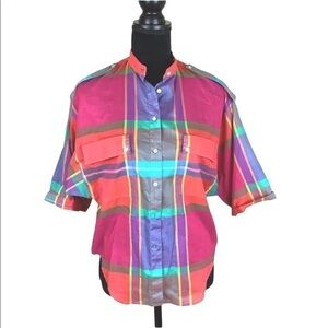 VINTAGE JAEGER VIBRANT PLAID SHORT SLEEVES SHIRT